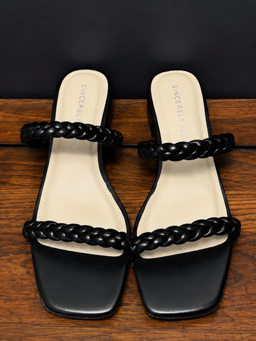 Sincerly Jules Braided Double-Strap Square Toe Black Sandals